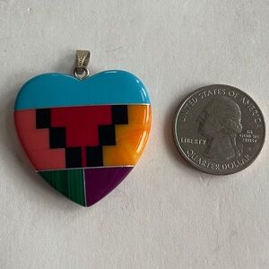 Southwestern Silver Multi Stone Inlay Heart Pendant